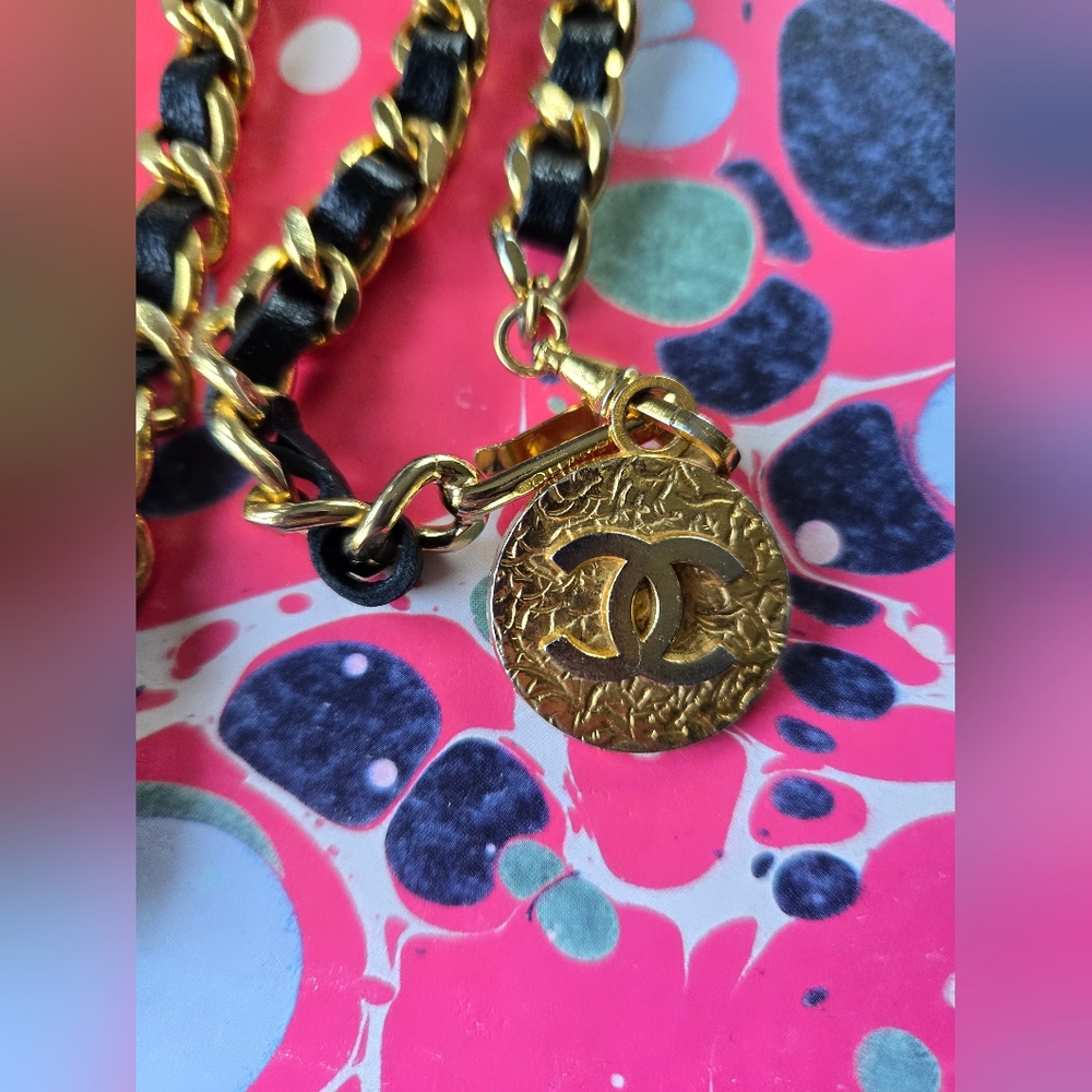 Chanel Gold Medallion and Black Leather Women's Belt, Necklace, Or Bag Chain